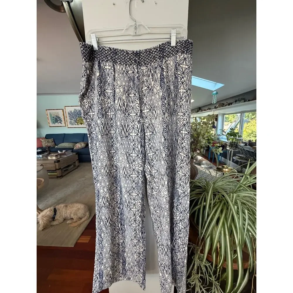 Casey Key 1X Blue White Boho Wide Leg Palazzo Pants Smocked Waist Coastal